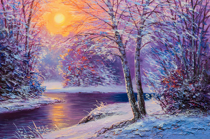 Bella Home Winter With River Oil Painting Print Canvas Ready to hang