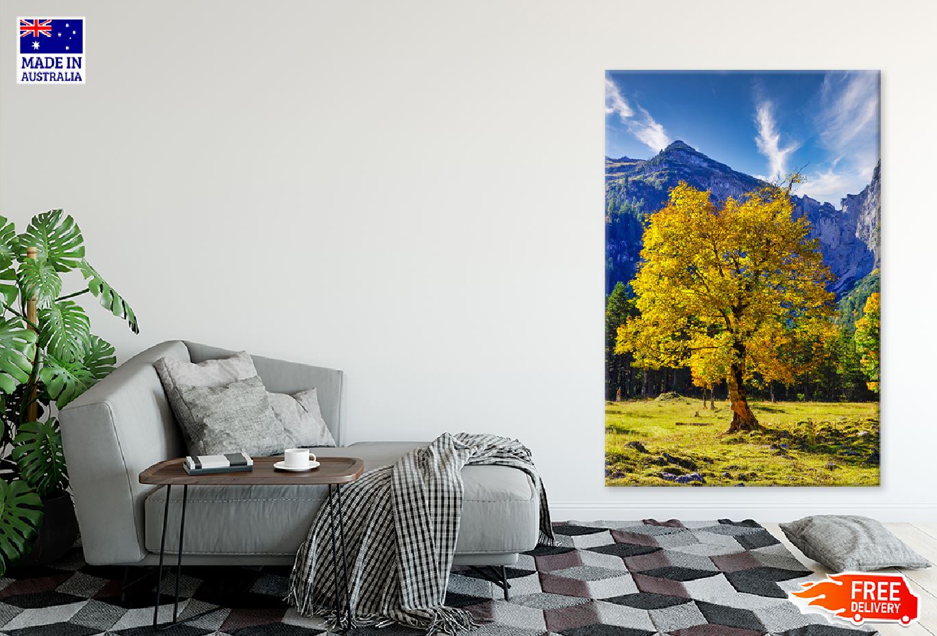 Yellow Autumn Tree & Mountain View Photograph Print 100% Australian Made