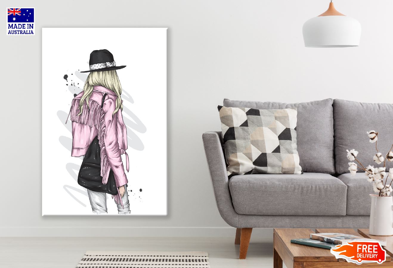 Pink Dress Girl With Hat Illustration Print 100% Australian Made