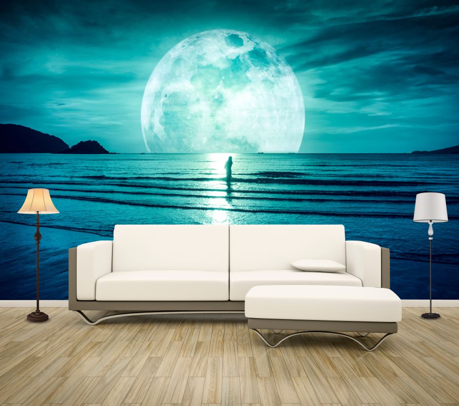 Wallpaper Murals Peel and Stick Removable Moon & Beach High Quality