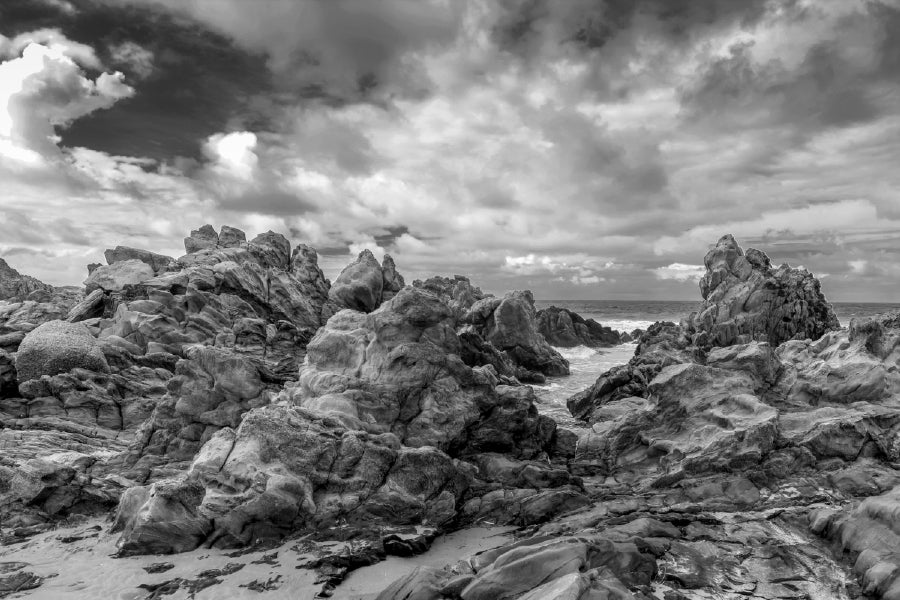 Rocky Coastal Beach B&W Scenery View Print 100% Australian Made