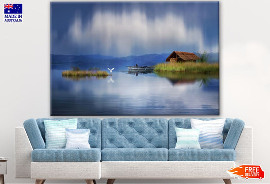 House & Boat Near a Lake Photograph Print 100% Australian Made