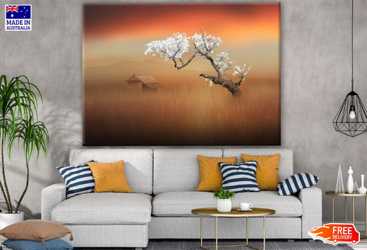 White Flower Tree & House in A Field Photograph Print 100% Australian Made