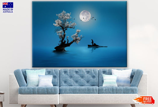Fisherman on Lake Under Moonlight Print 100% Australian Made