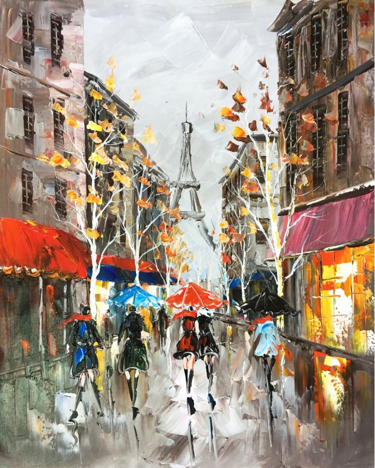 People Walking Along Street in Paris City Eiffel Tower Painting Print 100% Australian Made