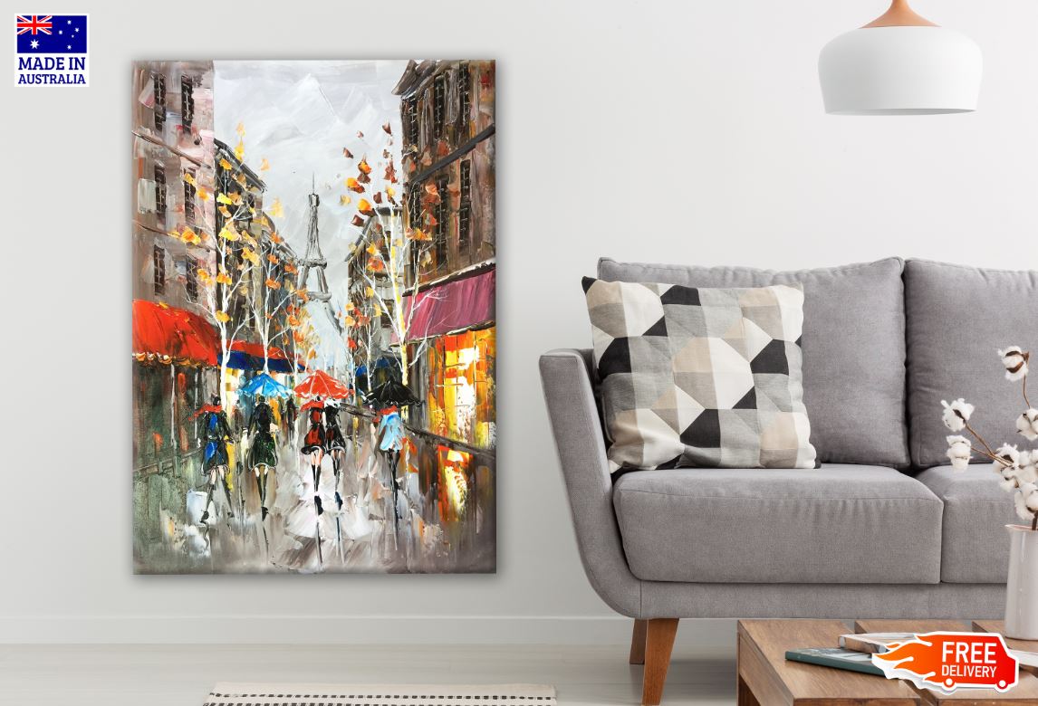 People Walking Along Street in Paris City Eiffel Tower Painting Print 100% Australian Made