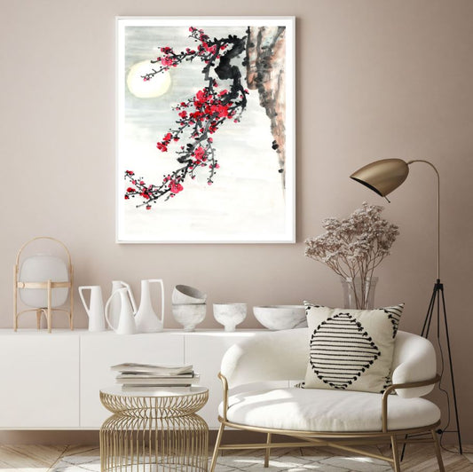 Red Flower Tree Branch Watercolor Painting Home Decor Premium Quality Poster Print Choose Your Sizes