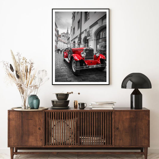 Red Vintage Car B&W Photograph Home Decor Premium Quality Poster Print Choose Your Sizes