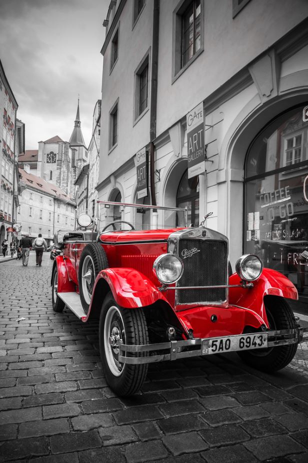 Red Vintage Car in Street View Photograph Home Decor Premium Quality Poster Print Choose Your Sizes