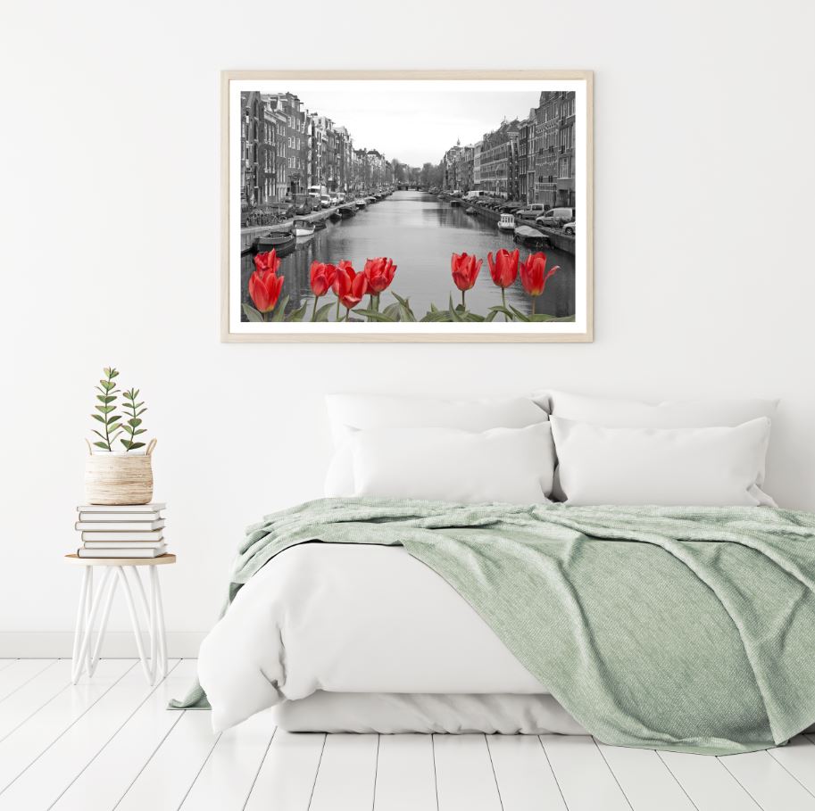 Red Flowers & B&W City Canal View Home Decor Premium Quality Poster Print Choose Your Sizes