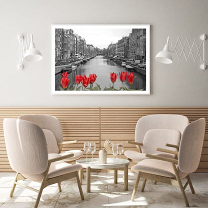 Tulip Flowers & City Canal B&W Photograph Home Decor Premium Quality Poster Print Choose Your Sizes