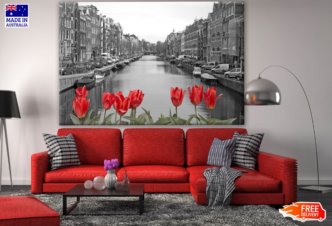 B&W City View with Canal & Red Flowers Photograph Print 100% Australian Made