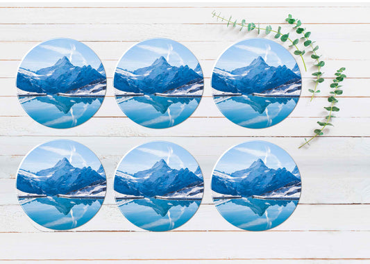 Alps Reflected in snowy Bachalsee Lake Coasters Wood & Rubber - Set of 6 Coasters
