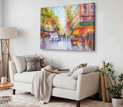 Bella Home City & Horse Cart Oil Painting Print Canvas Ready to hang