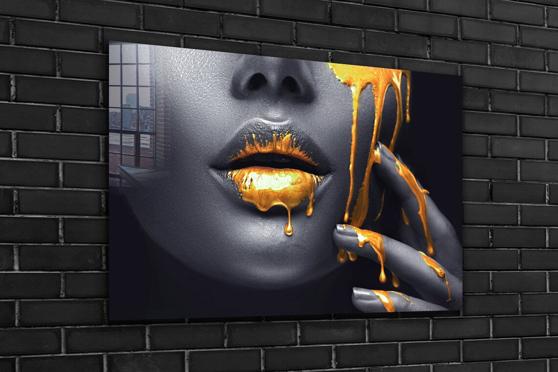 B&W Woman & Gold Lips Print Tempered Glass Wall Art 100% Made in Australia Ready to Hang