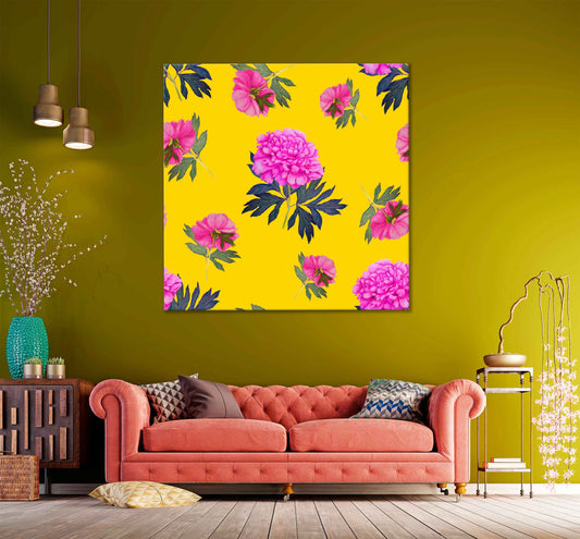 Square Canvas Pink Peony Flowers Vector Design High Quality Print 100% Australian Made