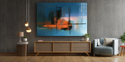 Orange Blue Abstract Print Tempered Glass Wall Art 100% Made in Australia Ready to Hang