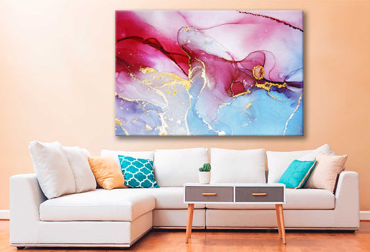 Bella Home Blue Pink & Gold Fluid Abstract Print Canvas Ready to hang