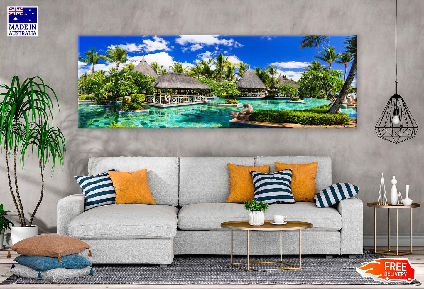 Panoramic Canvas Mauritius Island With Cabanas High Quality 100% Australian Made Wall Canvas Print Ready to Hang