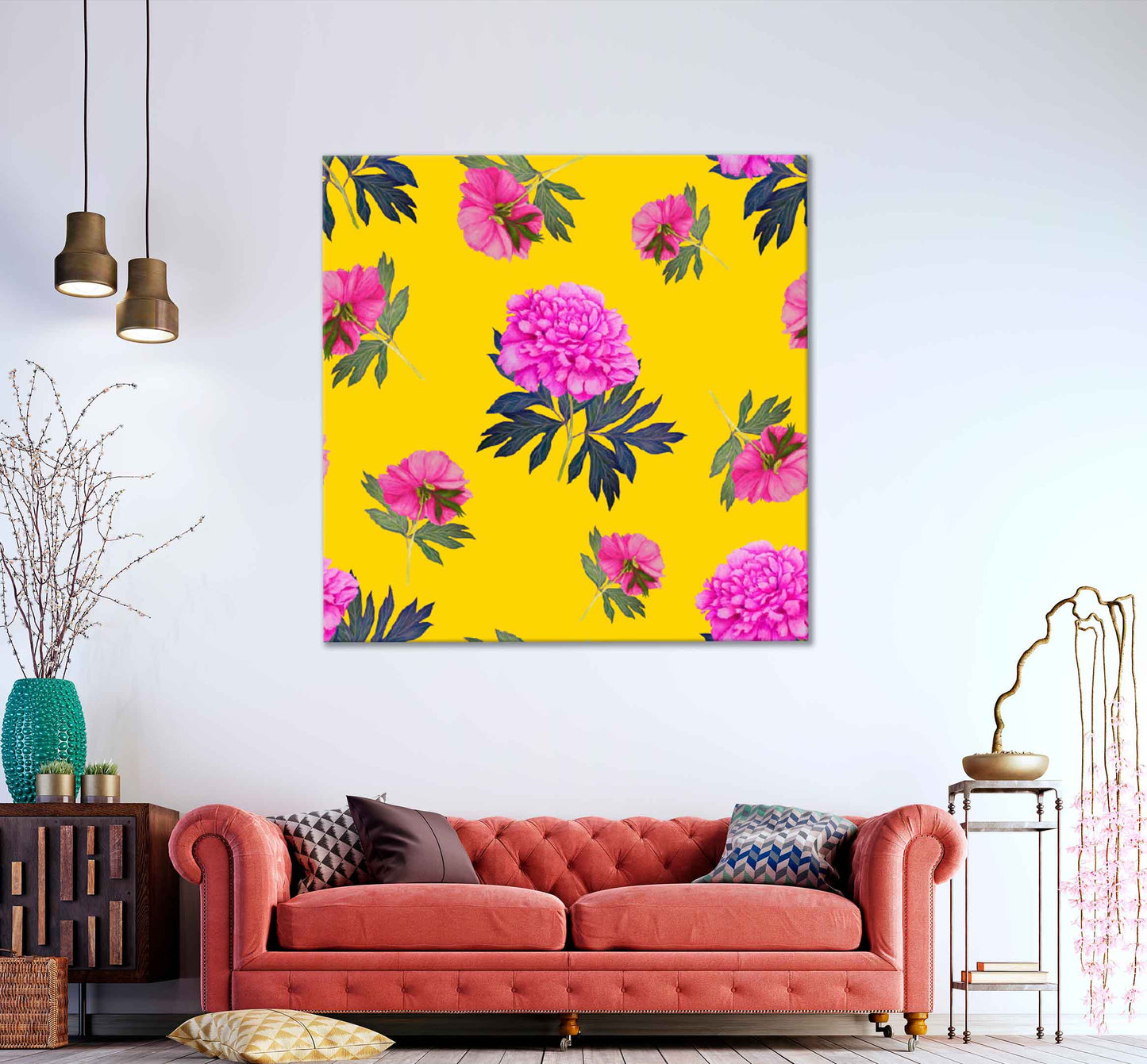 Square Canvas Pink Peony Flowers Vector Design High Quality Print 100% Australian Made