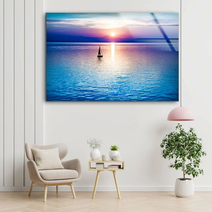 Boat on Sea Sunset Photograph Acrylic Glass Print Tempered Glass Wall Art 100% Made in Australia Ready to Hang