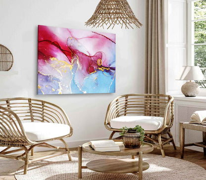 Bella Home Blue Pink & Gold Fluid Abstract Print Canvas Ready to hang