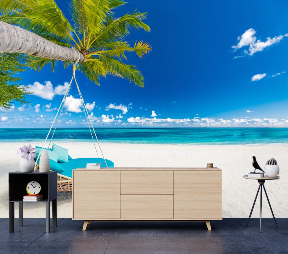 Wallpaper Murals Peel and Stick Removable Stunning Beach View with a Hammock Photograph High Quality