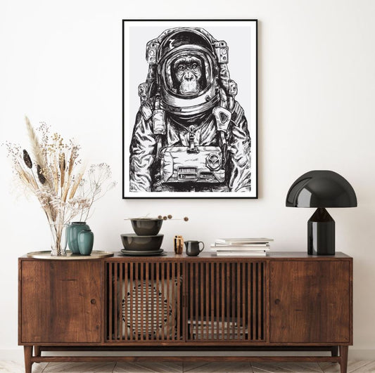 Monkey in Space Suit B&W Painting Home Decor Premium Quality Poster Print Choose Your Sizes