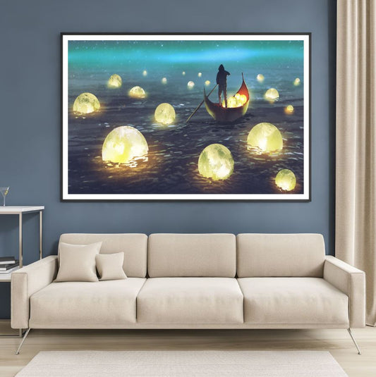 Moons on River with Boat Abstract Design Home Decor Premium Quality Poster Print Choose Your Sizes