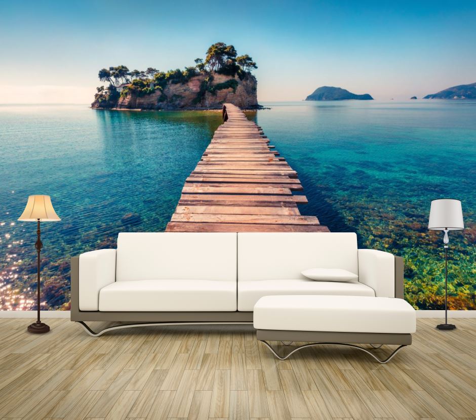 Wallpaper Murals Peel and Stick Removable Wooden Pier to Island Over Beach High Quality