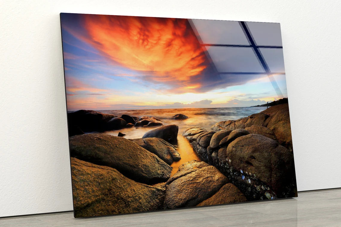 Rocks & Sea Sunset Scenery Photograph Acrylic Glass Print Tempered Glass Wall Art 100% Made in Australia Ready to Hang