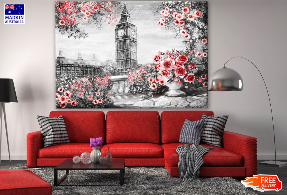 London Clock Tower & Floral Design B&W Painting Print 100% Australian Made