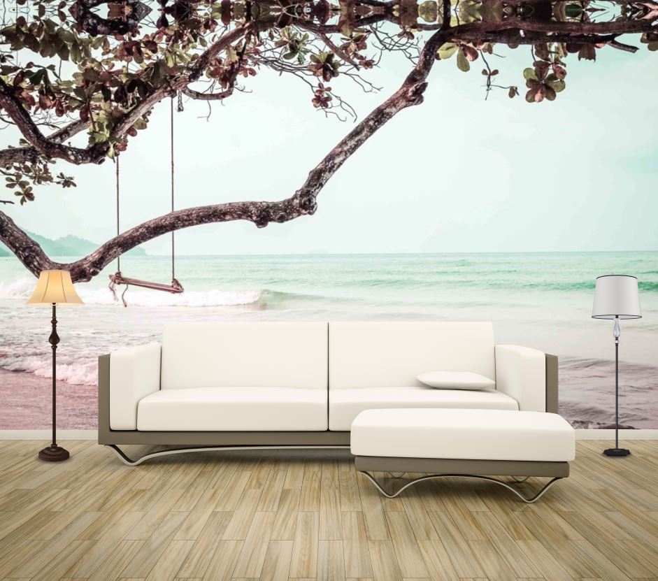 Wallpaper Murals Peel and Stick Removable Swing on a Tree Near Beach Photograph High Quality