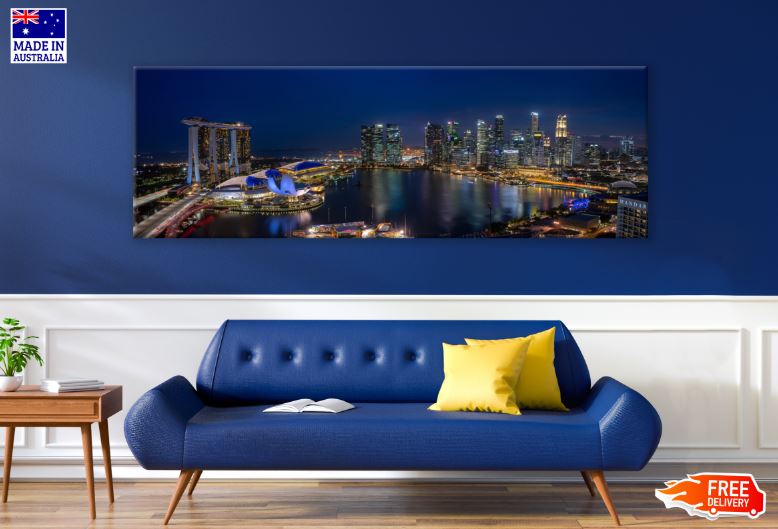 Panoramic Canvas Singapore City Night View Photograph High Quality 100% Australian Made Wall Canvas Print Ready to Hang