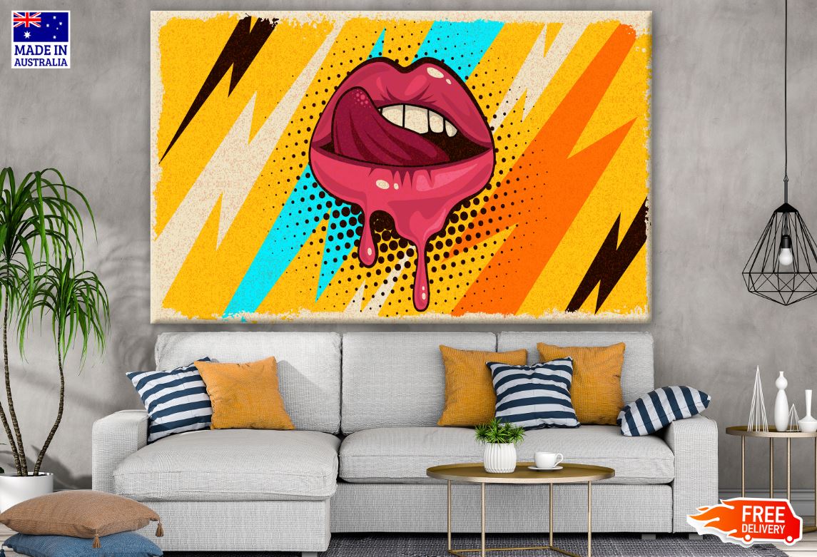 Pink, Red lips, Mouth & Tongue on Pop Art Retro Vintage Colorful Background Illustration Print 100% Australian Made