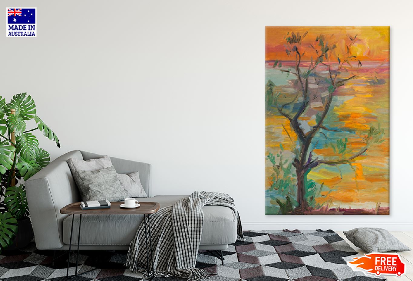 Tree with Sunset Oil Painting Print 100% Australian Made