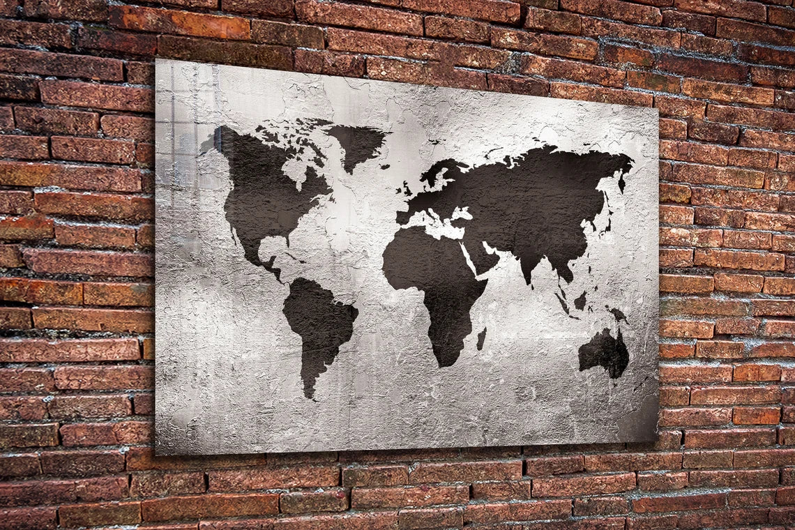 Silver World Map Vector Print Tempered Glass Wall Art 100% Made in Australia Ready to Hang