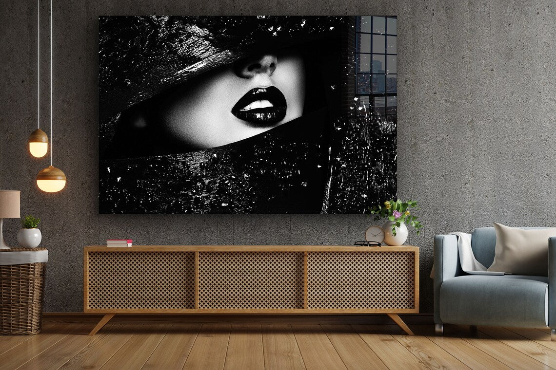 B&W Girl with Hat Lips Print Tempered Glass Wall Art 100% Made in Australia Ready to Hang