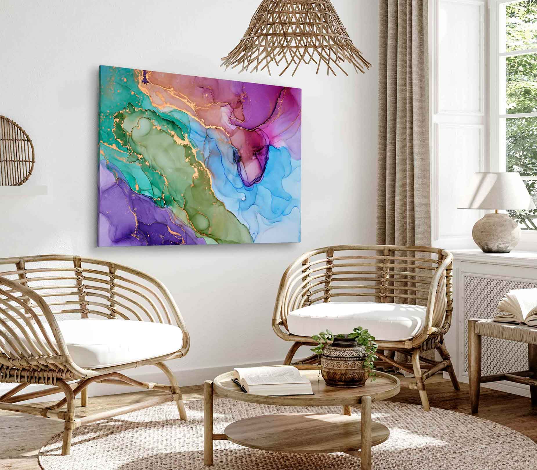 Bella Home Green Purple Blue & Gold Abstract Print Canvas Ready to hang