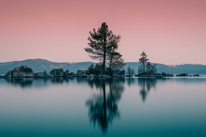 Trees & Rocks Reflection on Lake Sunset Sky Photograph Print 100% Australian Made