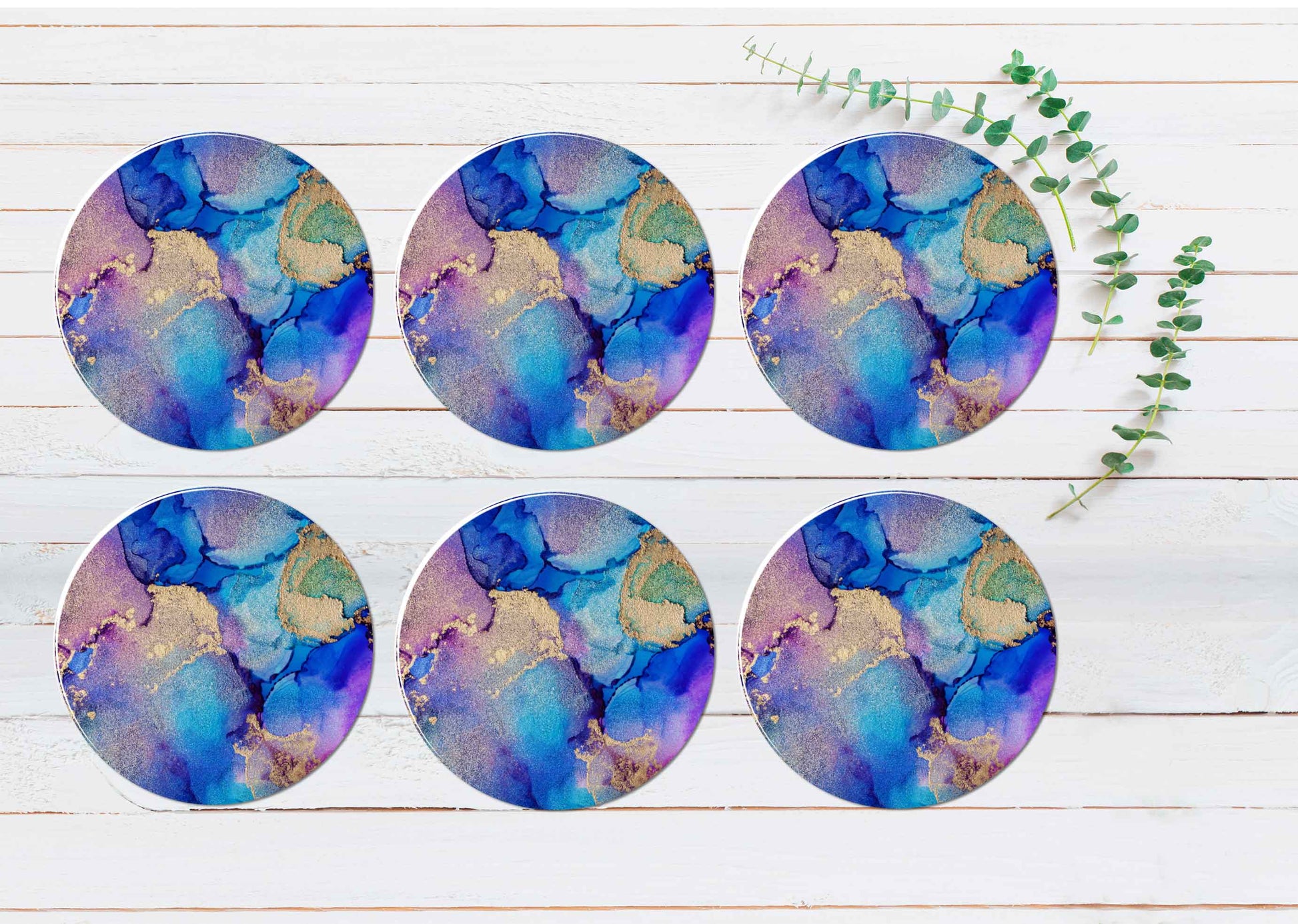 Pink Blue Gold Splash Abstract Design Coasters Wood & Rubber - Set of 6 Coasters