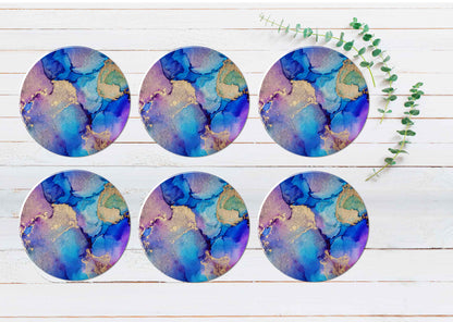 Pink Blue Gold Splash Abstract Design Coasters Wood & Rubber - Set of 6 Coasters