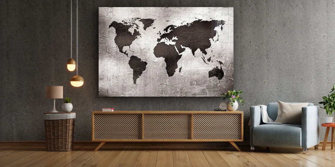 Silver World Map Vector Print Tempered Glass Wall Art 100% Made in Australia Ready to Hang