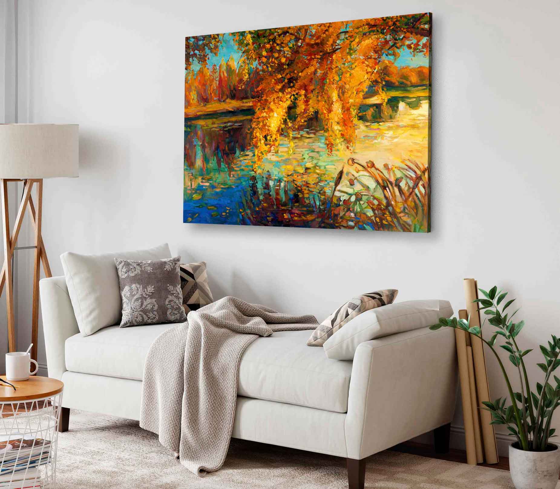 Bella Home Autumn Forest With Sunset On Lake Print Canvas Ready to hang