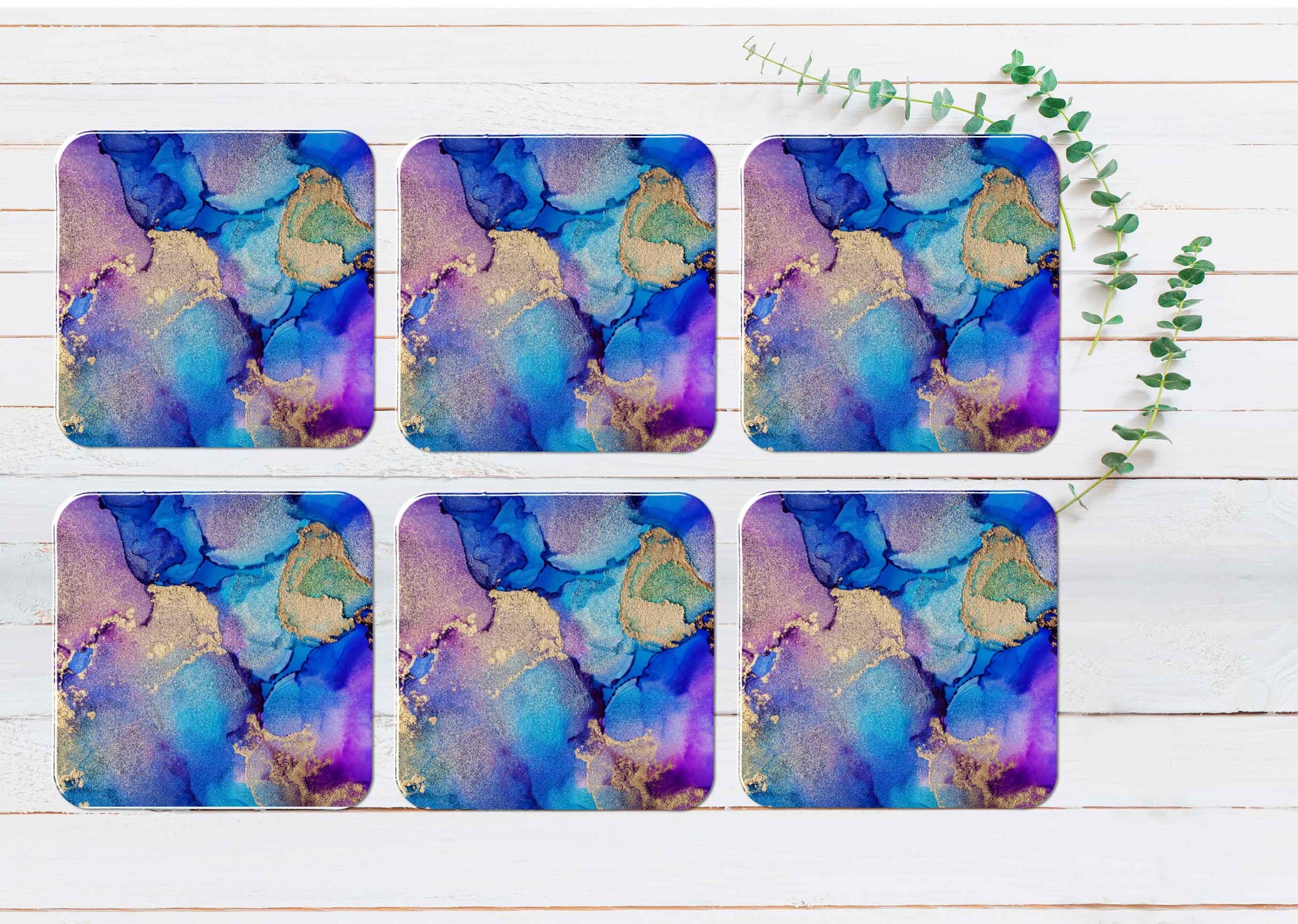 Pink Blue Gold Splash Abstract Design Coasters Wood & Rubber - Set of 6 Coasters