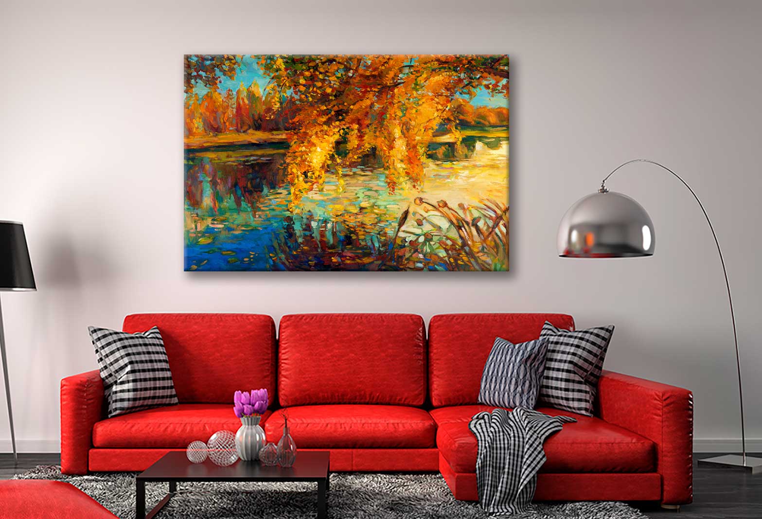 Bella Home Autumn Forest With Sunset On Lake Print Canvas Ready to hang