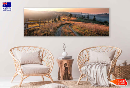 Panoramic Canvas Pathway & Grassy Meadow Hill Sunset Photograph High Quality 100% Australian Made Wall Canvas Print Ready to Hang