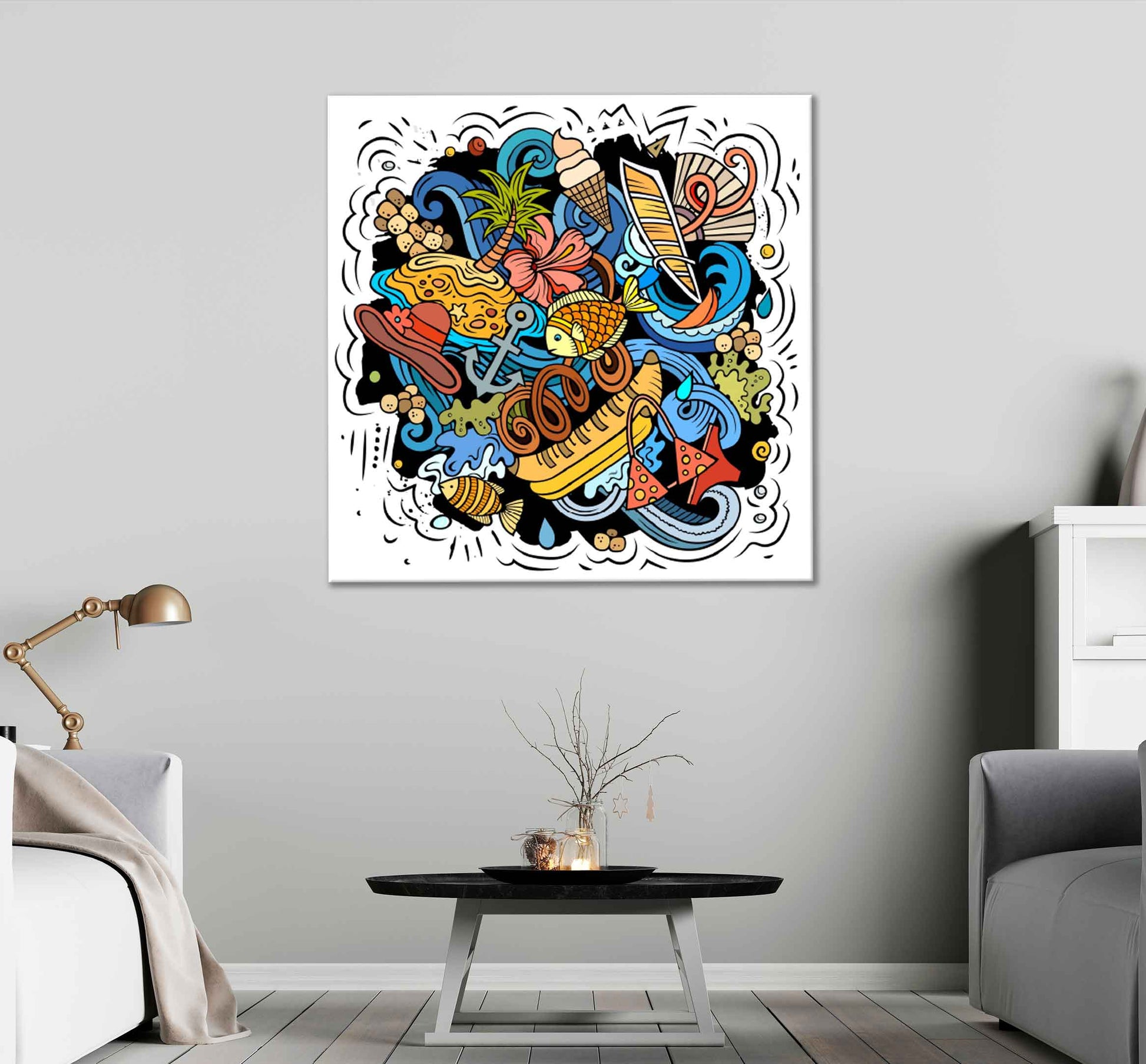 Square Canvas Summer Beach Cartoon Doodle High Quality Print 100% Australian Made