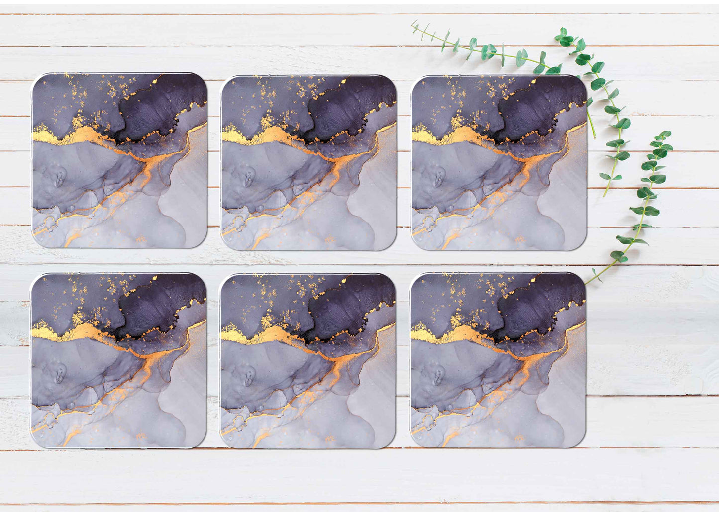 Purple Grey Gold Splash Abstract Coasters Wood & Rubber - Set of 6 Coasters