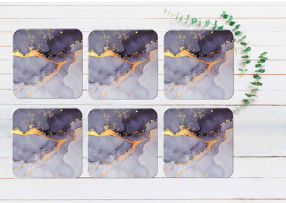 Purple Grey Gold Splash Abstract Coasters Wood & Rubber - Set of 6 Coasters